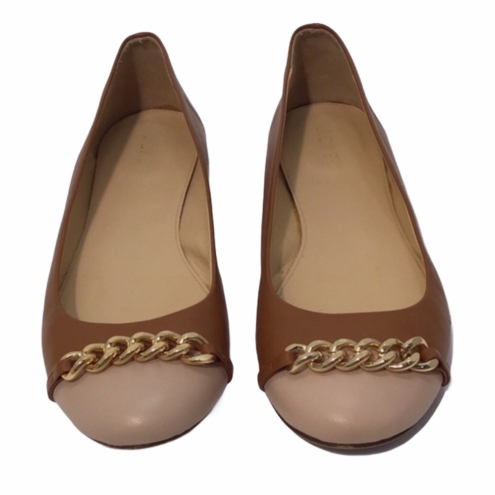 J. Crew Nora Cap Toe Ballet Flats Brown Leather Gold Chain 8.5